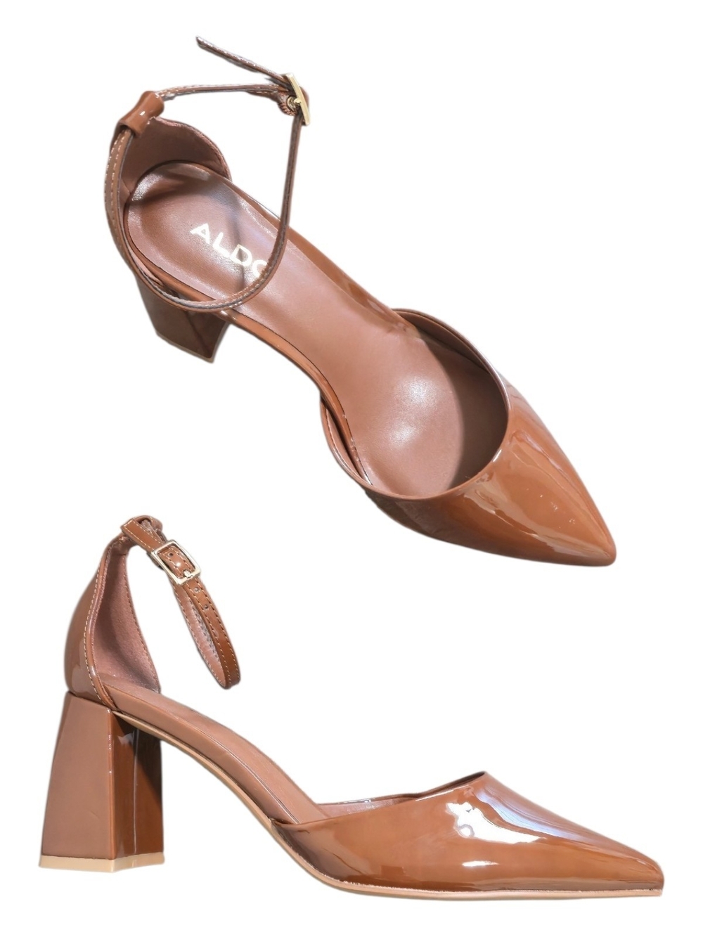 Aldo Jan Brown Patent Pointed-Toe Block Heel Pumps with Ankle Strap 6.5 M Career
